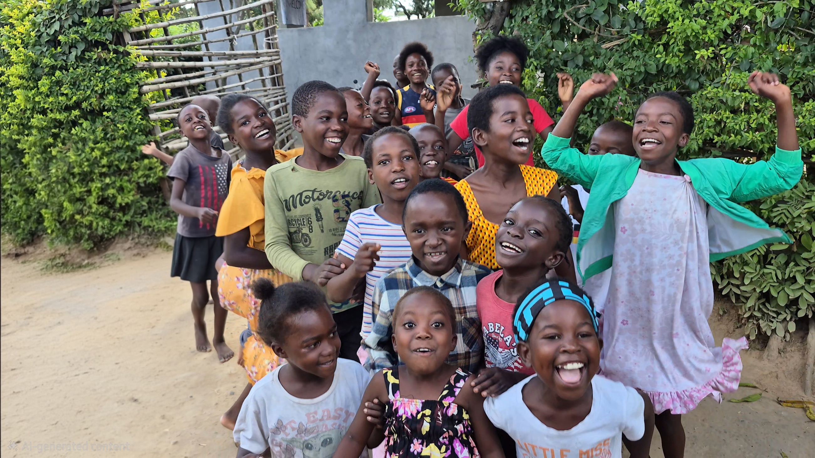 Children smiling and gathered together in rural Zambia